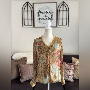 Vintage Y2K Floral Multi Media Claudia Richard Velvet Button Up Shirt Size M